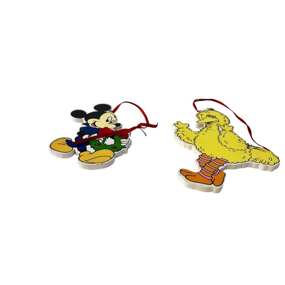 Vtg PBS Sesame Street Big Bird Disney Mickey Mouse Wooden Christmas Ornaments - Picture 3 of 7